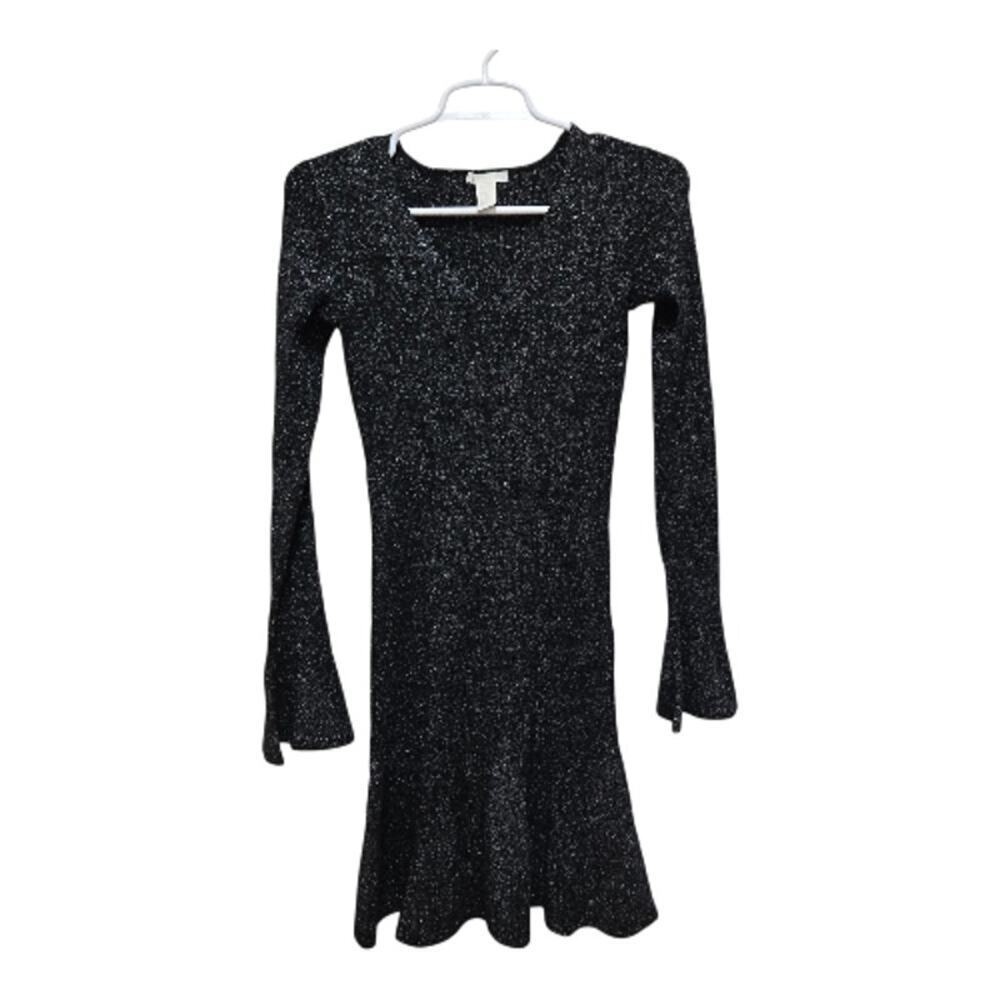H&M Black Silver Metallic Knit Long Sleeve Fit Flare Dress XS